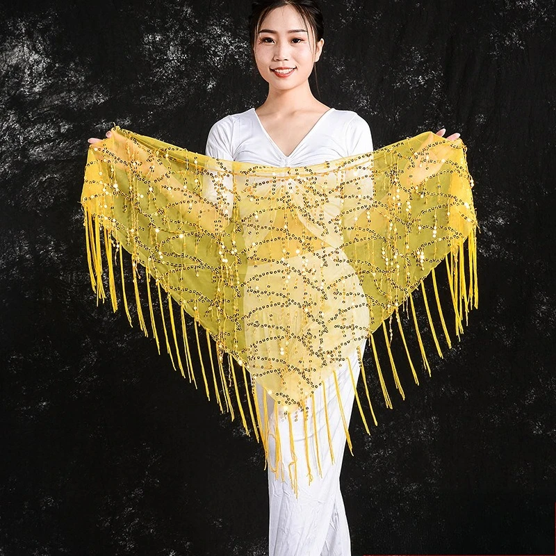 Best Seller Belly Dance Accessory Set | Sequin Fringe Triangle Scarf & Waist Chain, Performance Hip Scarf with Practice Skirt