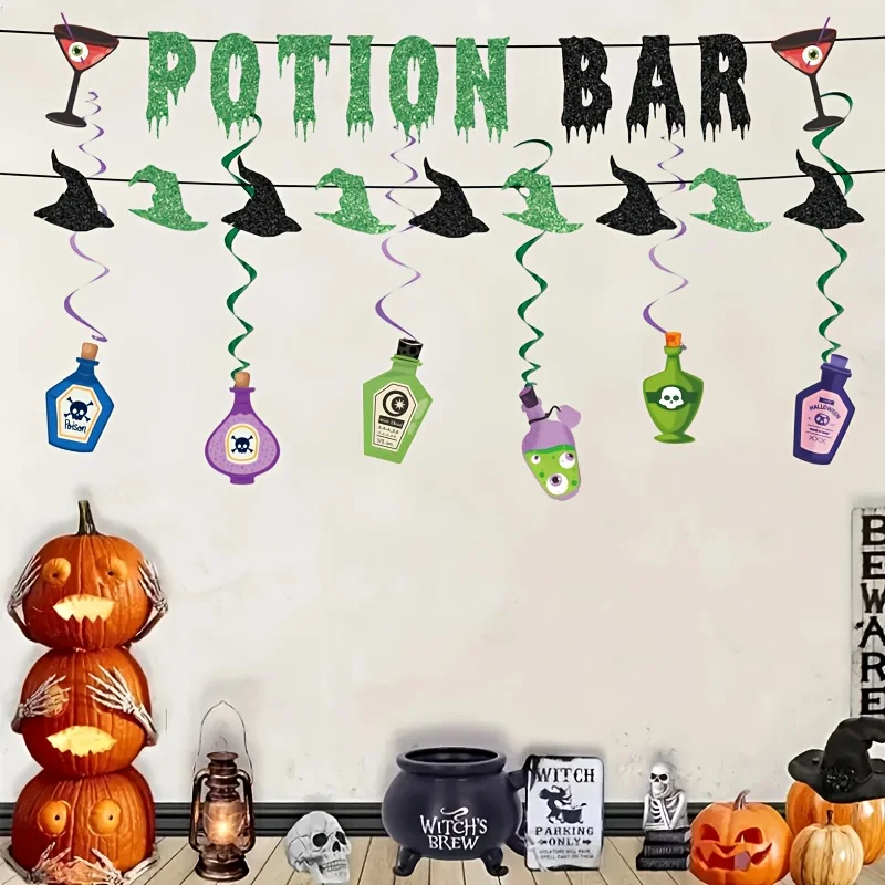 

Glittery Potion Bar Banner with Potion Signs Halloween Hocus Pocus Witches Garland Banner Halloween Holiday Haunted House Party