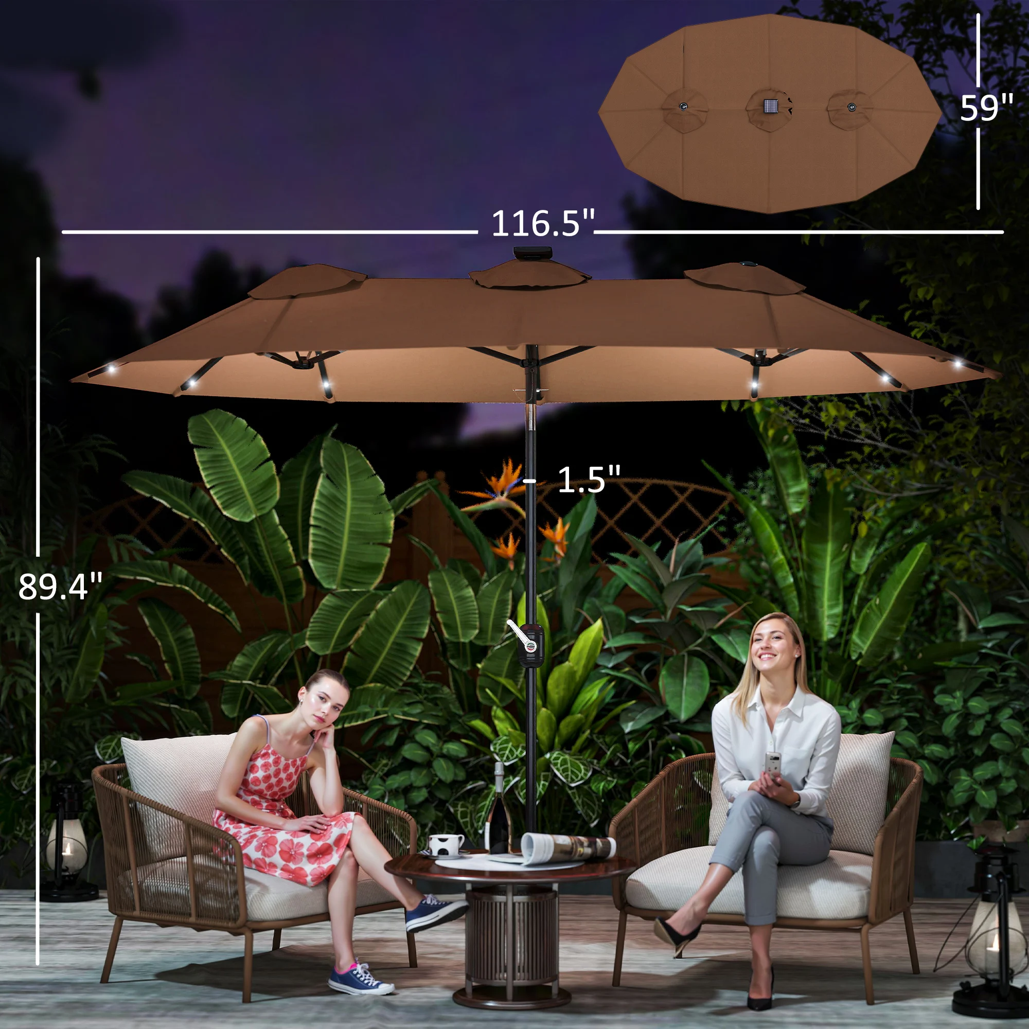 9.7' Double-sided Patio Umbrella with LED Solar Light, Tilt, Coffee image 3