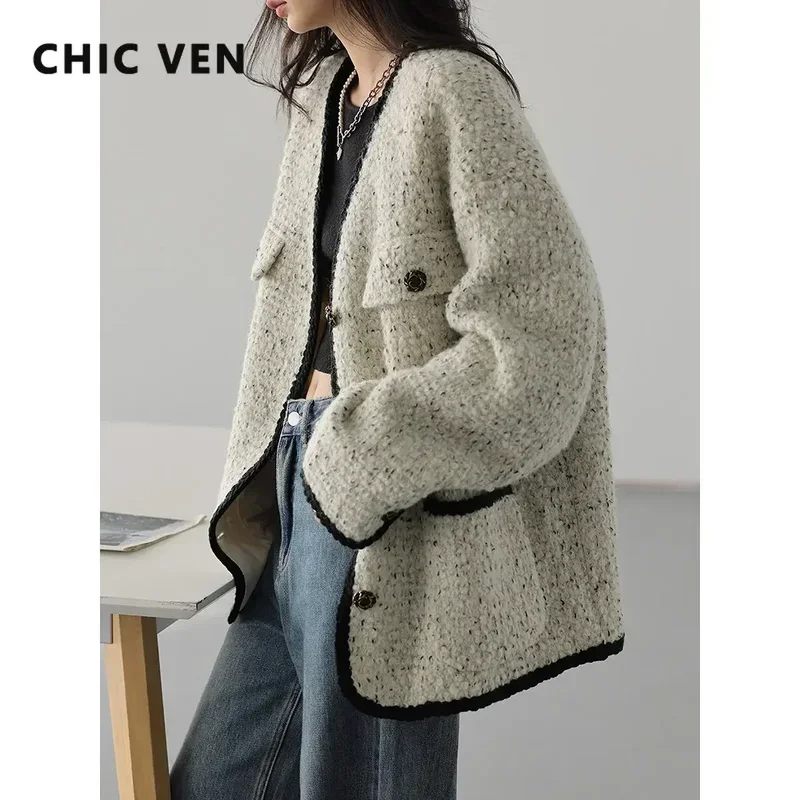 

CHIC VEN Women's Woolen Coat Heavy Industry Down Jacket Vintage V-Neck Woman Down Coat Female Tops Autumn Winter 2022