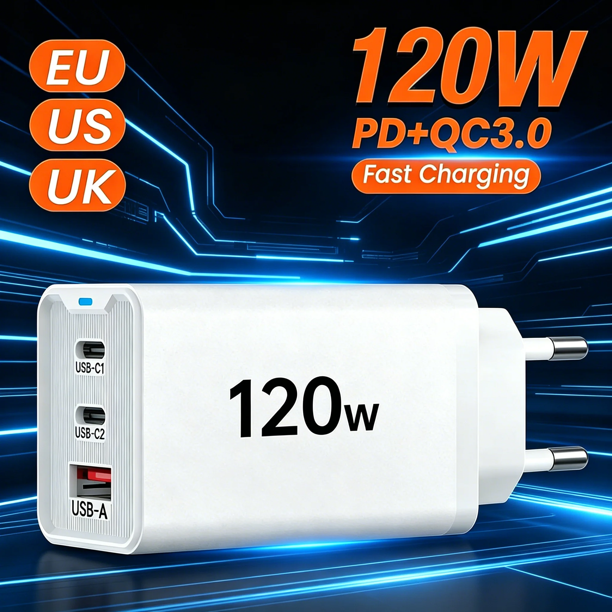 120W USB Type C Fast Charging Adapter Multi-Port USB Wall Charger Portable EU US UK Plug Phone Charger For iPhone Samsung Xiaomi