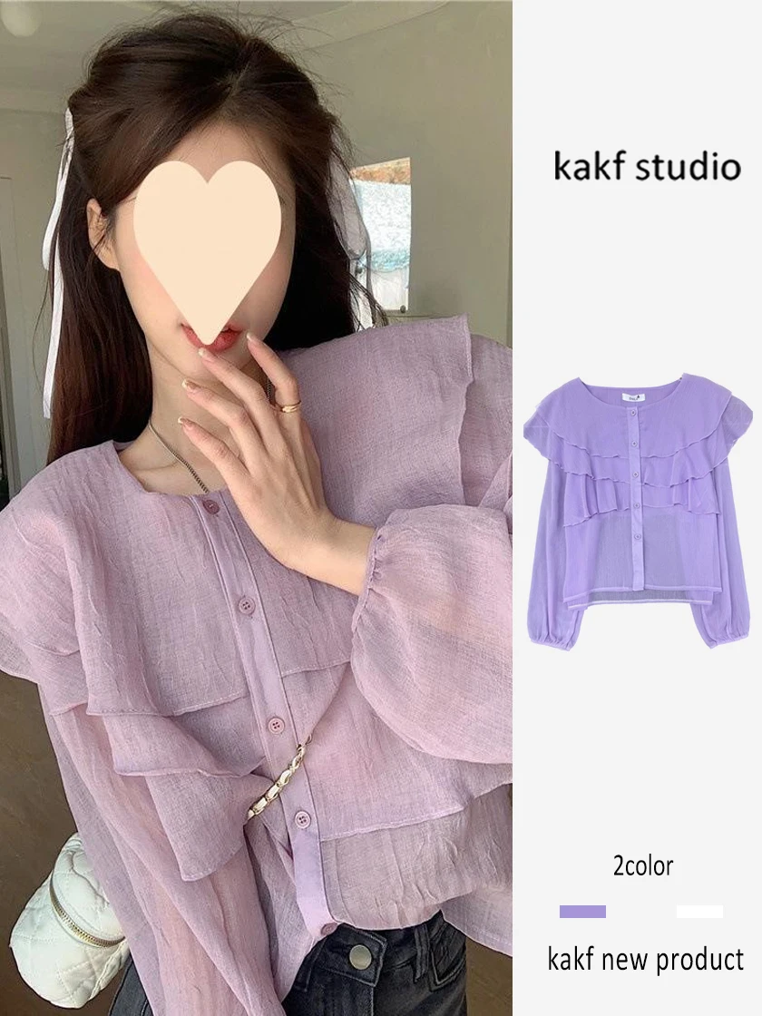 

Purple Chiffon Blouse Women's Spring 2023 round Ne Base irt Lace Sve Lantern Sve irt Commute Sle Korean Version