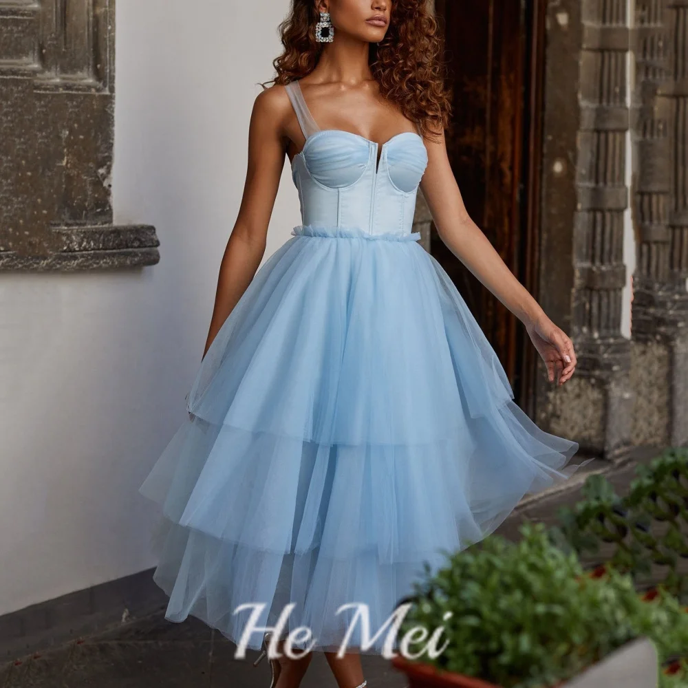 

Romantic Party Gowns Simple Sweetheart Neck Spaghetti Straps Evening Dresses A Line Mid Calf Length Prom Dress فساتين سهرة