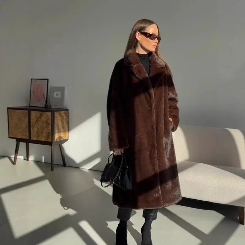 جديد جودة عالية الشتاء النساء معطف الفرو البيئي البني التلبيب طوق رقيق فرو منك سترة لسيدة Highstreet شيك معطف الفرو الإناث #4