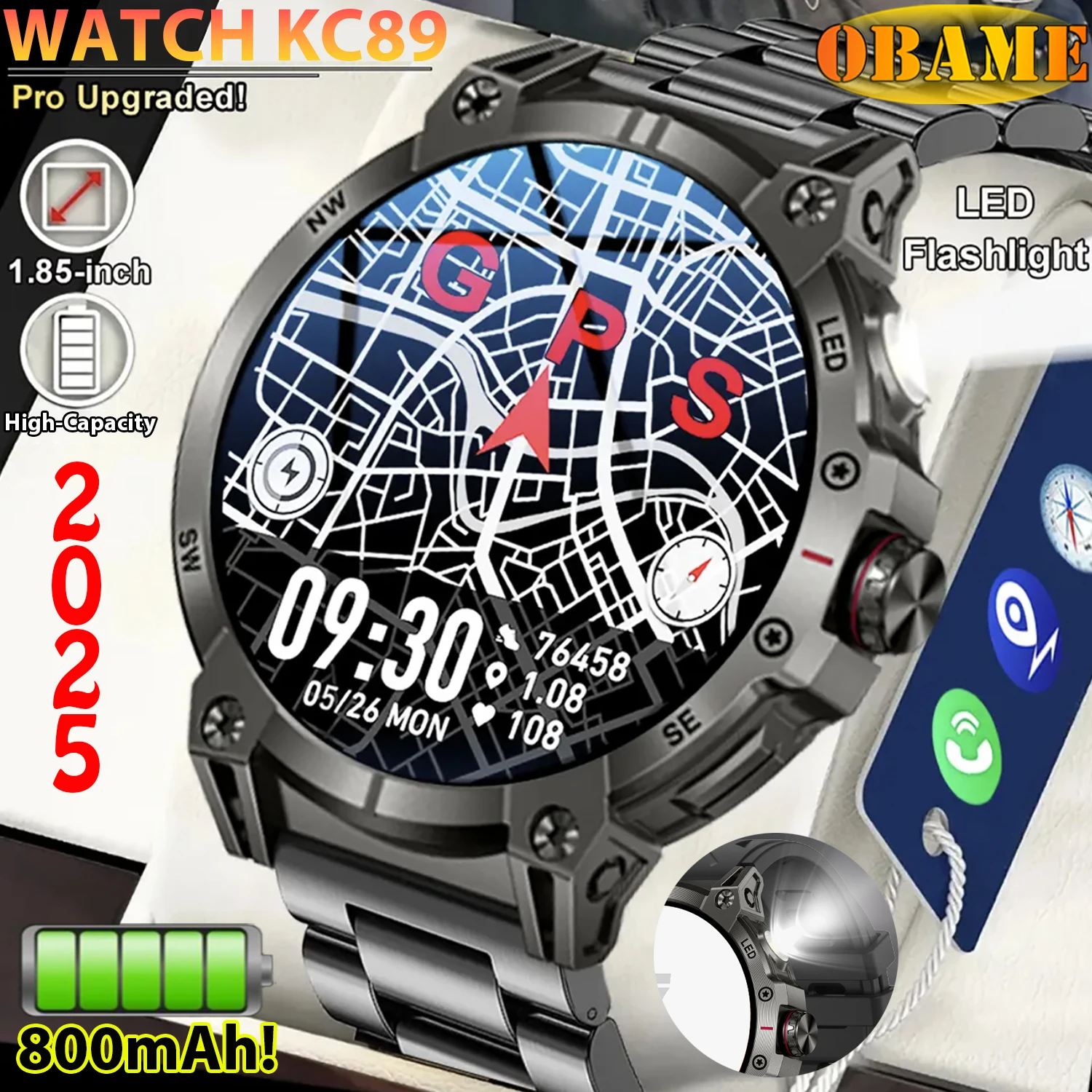 2025New GPS Outdoor Rugged Smart Watch Men LED Lights 760 Extra Large mAh Battery Waterproof Watch For Android IOS Smartwatch