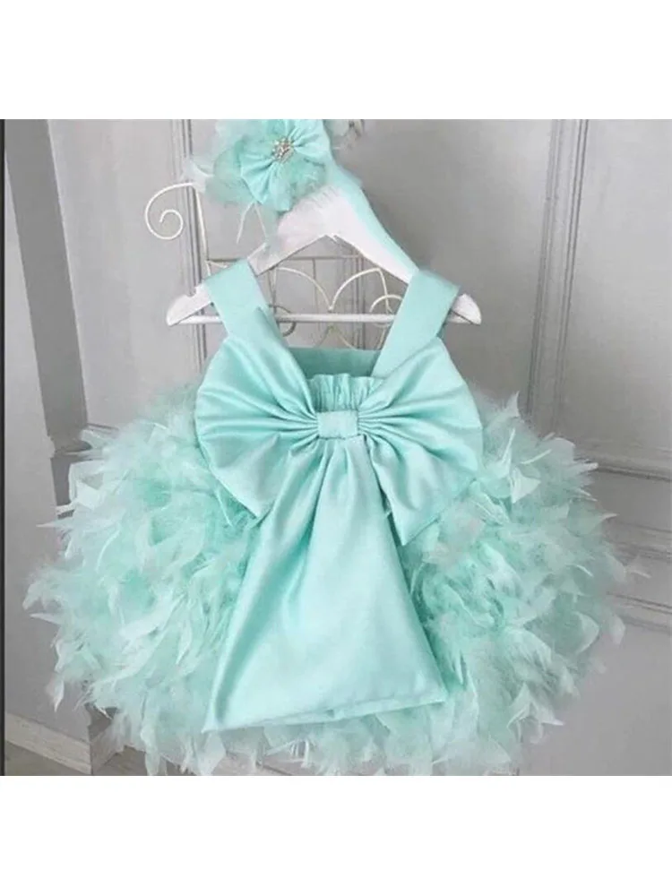 Robes de demoiselle d'honneur de princesse pour enfants, robe de Rhde première communion, robe d'anniversaire, plume de tulle gonflée, nœud en satin, vert clair, mariage, enfant