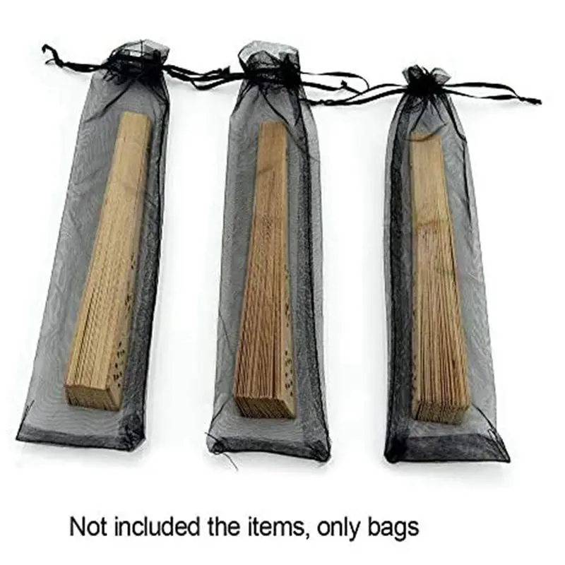 ABMS-100Pcs Black Hand Fan Organza Bags 2 X 10 Inch Sheer Halloween Drawstring Pouches Folding Fan Gift Bags