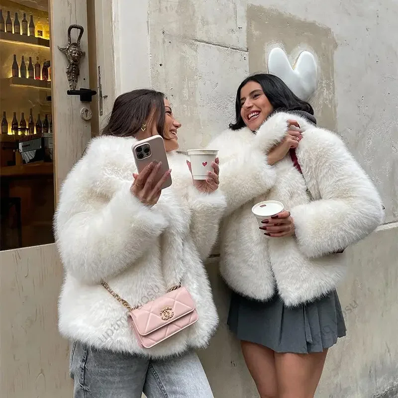 Cozy Iconic Fluffy Fox Faux Fur Coat for Women Big Collar Parka Outwear 2024 Winter Clothes Solid White Warm Furry Plush Jacket