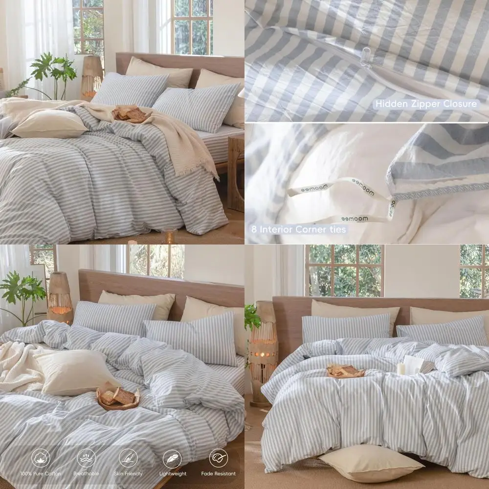 

Комплект пододеяльников в полоску, 100% стираный хлопок, лен, как текстурированный, дышащий, прочный, мягкий, удобный (жиженец, синий, белый, классический Stri