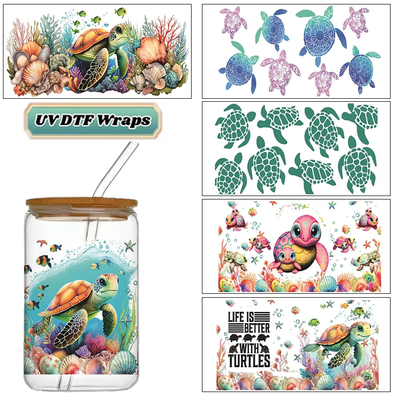 Turtle Theme UV DTF Cup Wrap 16oz Libbey Glass Can Beer Tumbler DIY Sticker Selfadhesive Washable SeaWorld Wrap