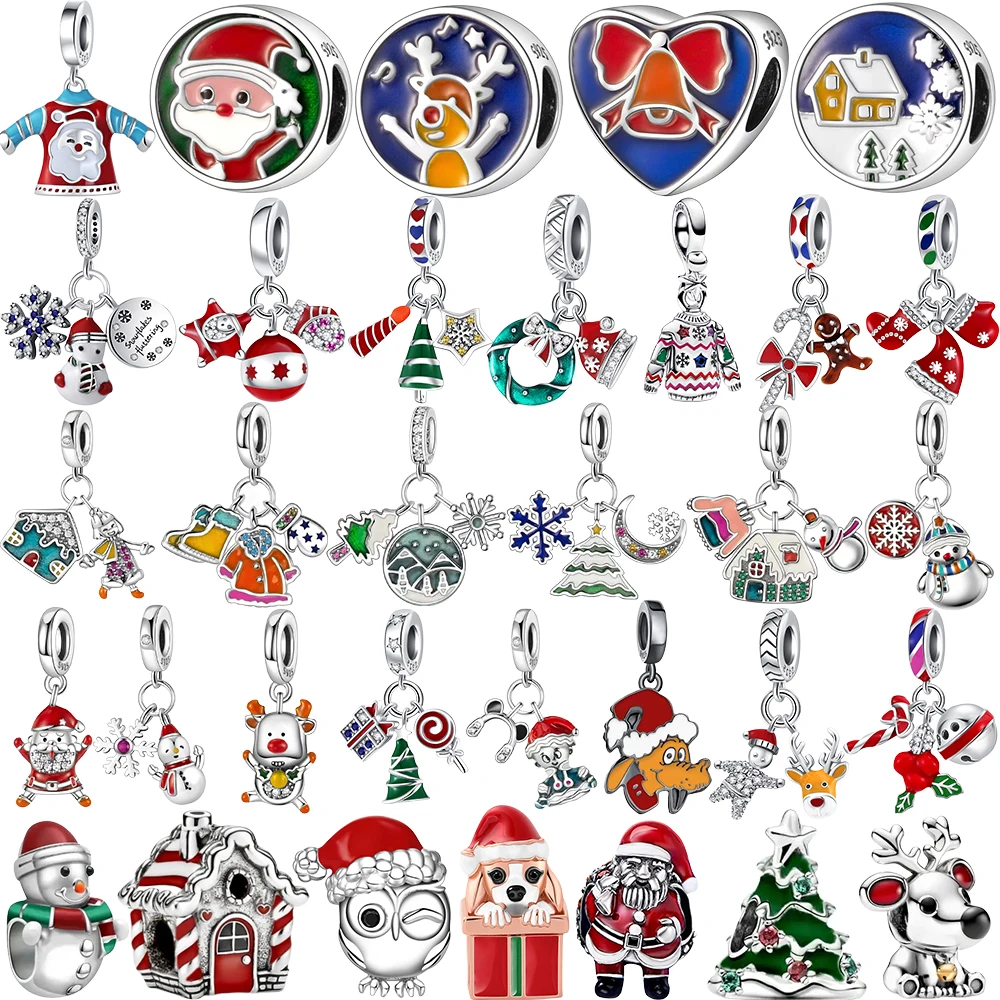 New 925 Sterling Silver Christmas Winter Snowman Santa Claus Bead Pendant Fit Bracelet keychain Accessories Women Jewelry Gift