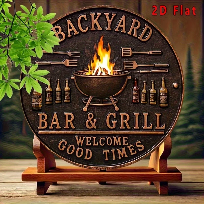 شعارات الشواء والبار الرجعية - جداريات خشبية ريفية مع أدوات شواء وزجاجات البيرة وتصاميم اللهب والديكورات الخارجية المتينة