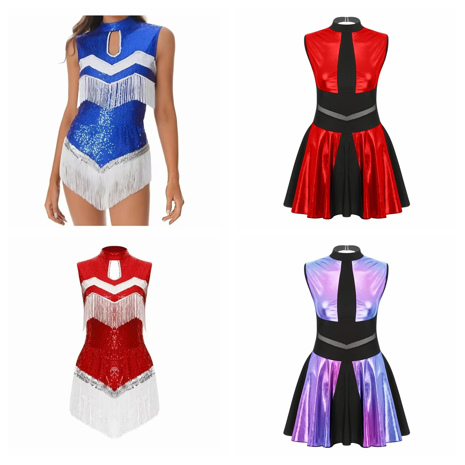 Glittery Cheerleader Costume for Womens Sequin Cheerleading Bodysuit Tiered Tassel Leotard Jumpsuit for Stage Matches Dancewear
