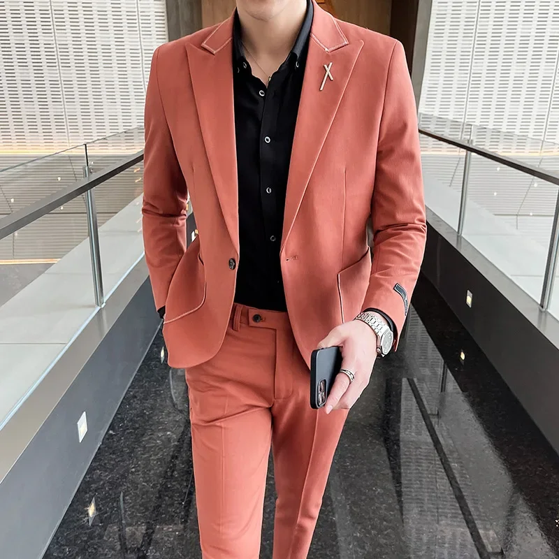 

High Quality (Blazer + Trousers) Men's Italian Style Elegant Fashion Simple Business Wedding Gentleman Dress Up Two-piece Suit