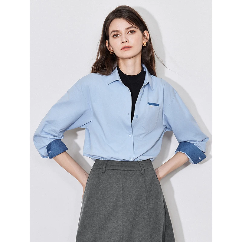 TOYOUTH informal-Blusa de manga larga para mujer, camisa con cuello vuelto, diseño de bolsillo, Color contrastante, otoño, 2024