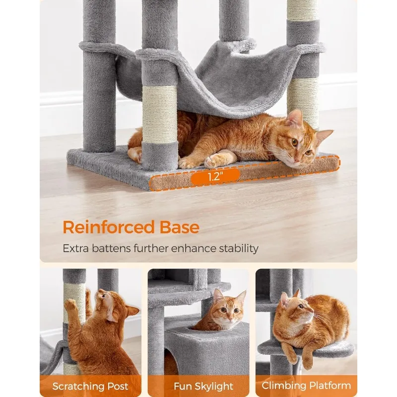 Cat Tree, 61-Inch Cat Tower for Indoor Cats, Plush Multi-Level Cat Condo with 5 Scratching Posts, 2 Perches, 2 Caves, Hammock,