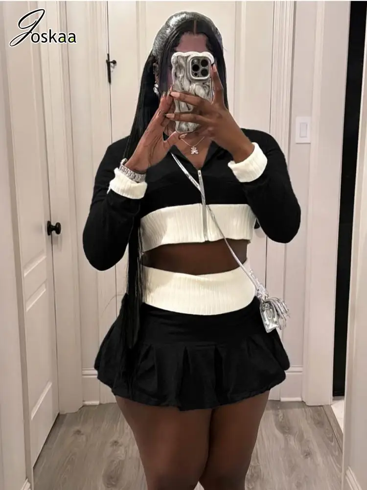 

Joskaa Casual Patchwork 2 Piece Sets Women Outfit Fashion Long Sleeve Zip Hoodie and Mini Pleated Skirt Matched 2024 Streetwear