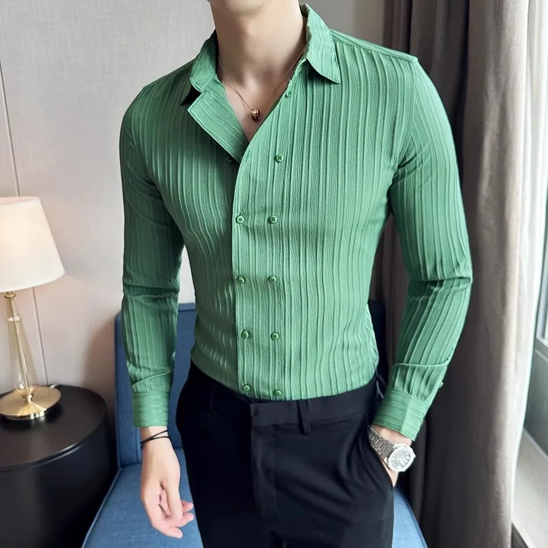 New Men's Fashion Double Breasted Shirts Solid Color Long Sleeve Smart Casual Shirts Men England Style Formal Party Male Blouse