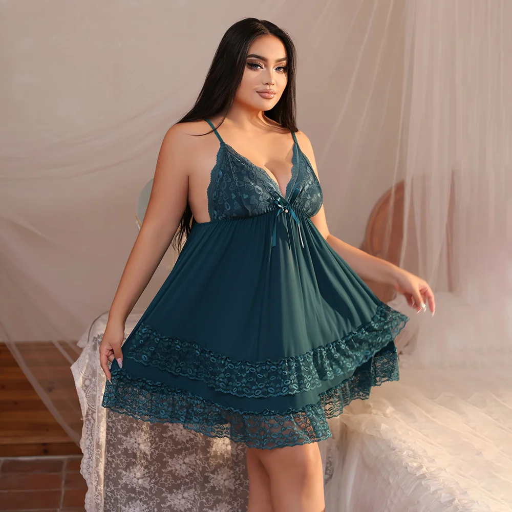 Plus Size Teal Lace Babydoll Lingerie Dress - Sexy V-Neck Spaghetti Strap Nightgown, Sheer Mesh Sleepwear for Curvy Women view 4