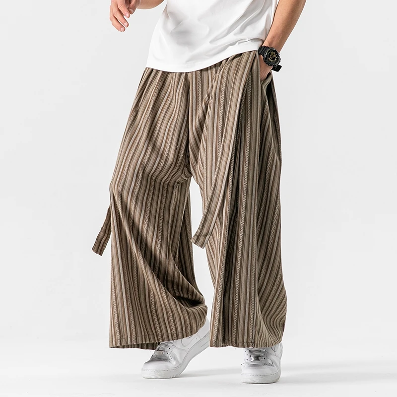 Striped Wide Leg Pants Mens Japanese Styles Cotton Linen Pants Male Retro Fashion Loose Casual Nepal Robe Haori Joggers Trousers