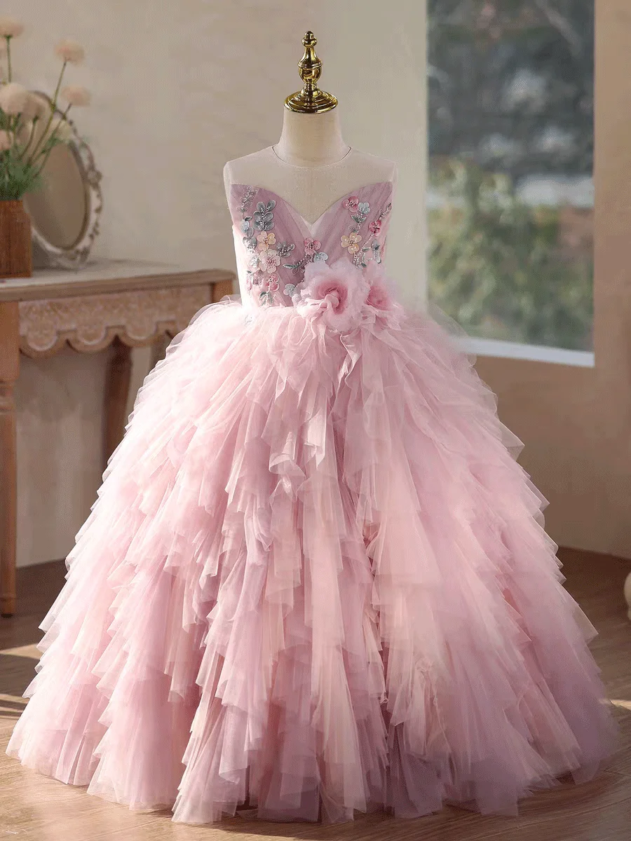 Jill Wish J613 Pink Tiered Ruffle Ball Gown for Girls Long Tulle Princess Dress Floral Embroidery Kids Wedding Pageant Birthday