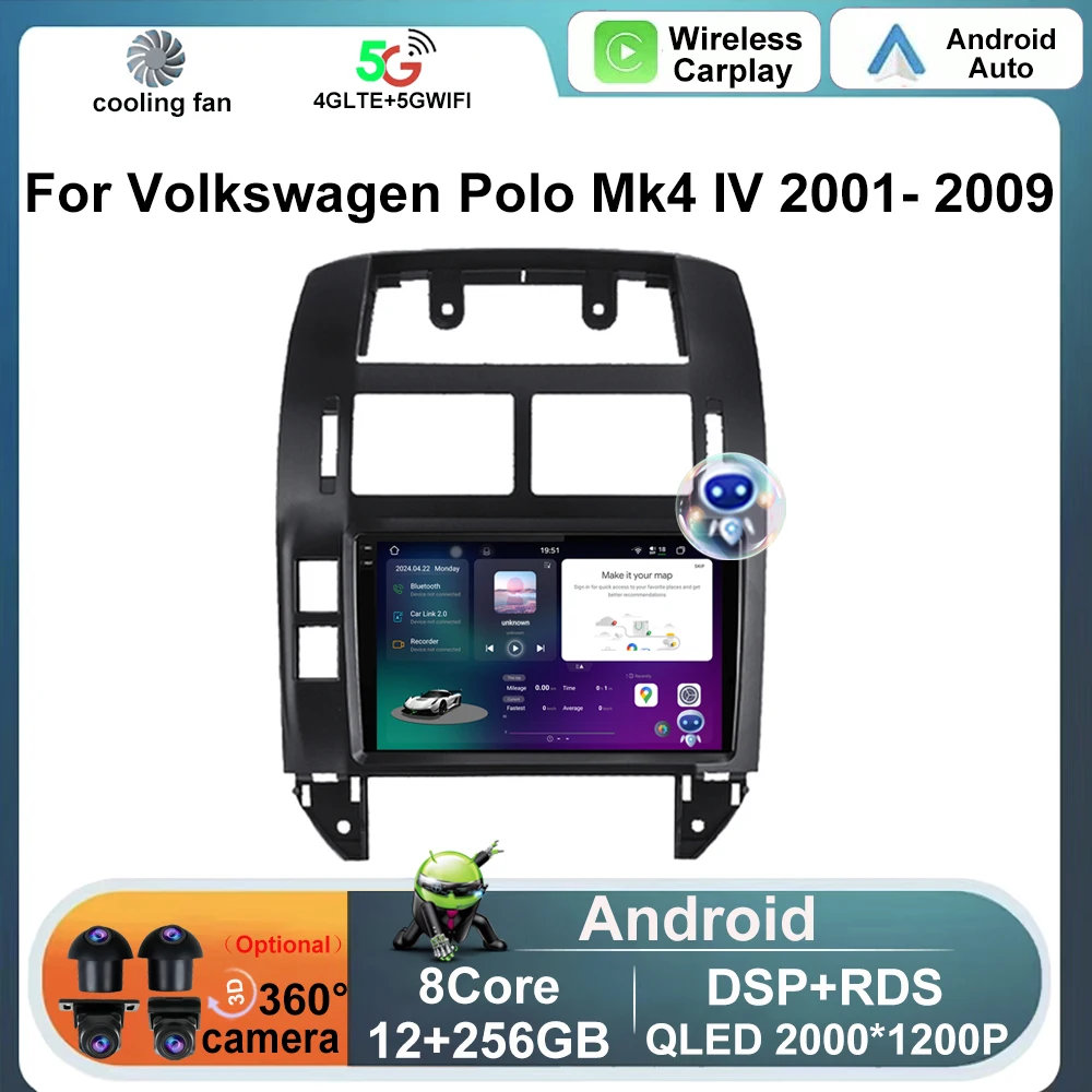 

9" For Volkswagen Polo Mk4 IV 2001- 2009 Android 14 DSP Auto BT GPS WiFi Car Radio Multimedia CarPlay Video Player Navigation