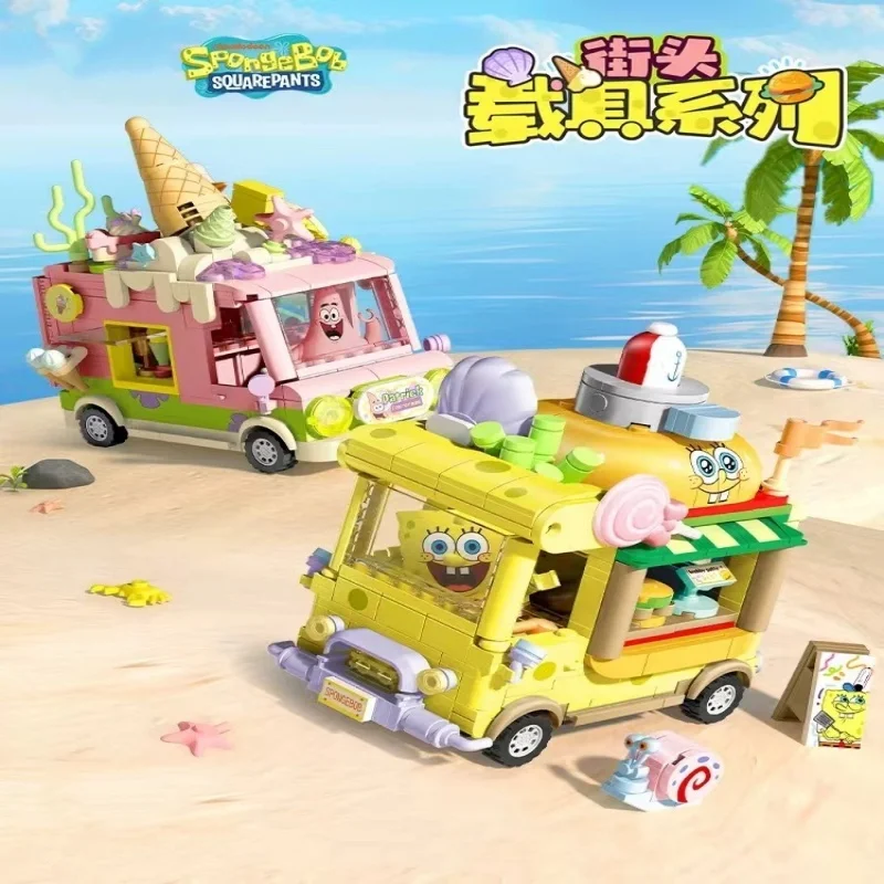 SpongeBob SquarePants Series Building Blocks Toys Hamburger Car Patrick Star Dessert Ice Cream Car Anime Model Blocks Kids Gifts