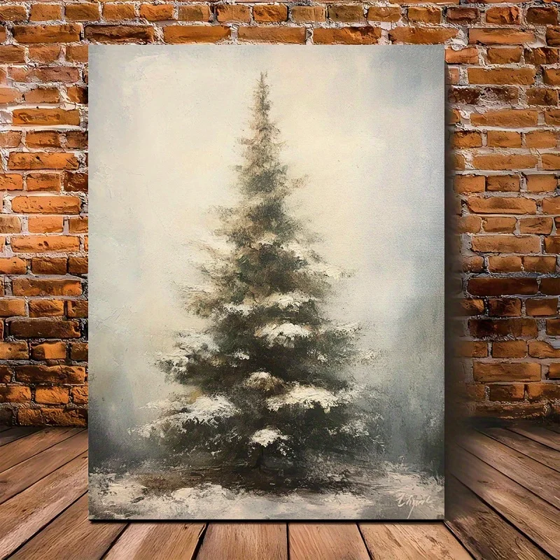 

Vintage Christmas Wall Art Snowflake Christmas Tree Oil Painting in Wooden Frame with Frames Christmas Gifts and Home Decoration