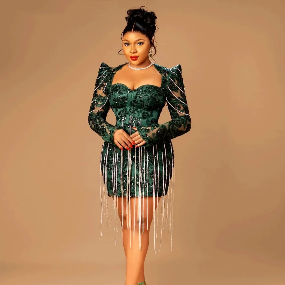 

Luxury Deep Green Lace Mini Dress Long Sleeve Crystal Tassel Tight Cocktail Party Dress African Party Dress Customized
