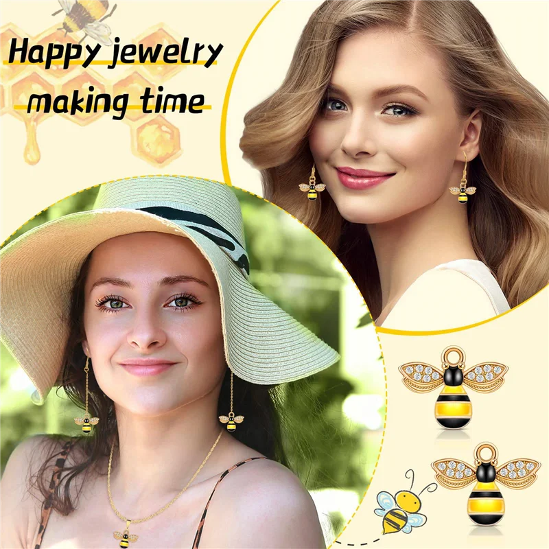 

NEW-200 Pcs Enamel Bee Charms Rhinestone Enamel Craft Embellishments Alloy Bee Pendant For Jewelry Making
