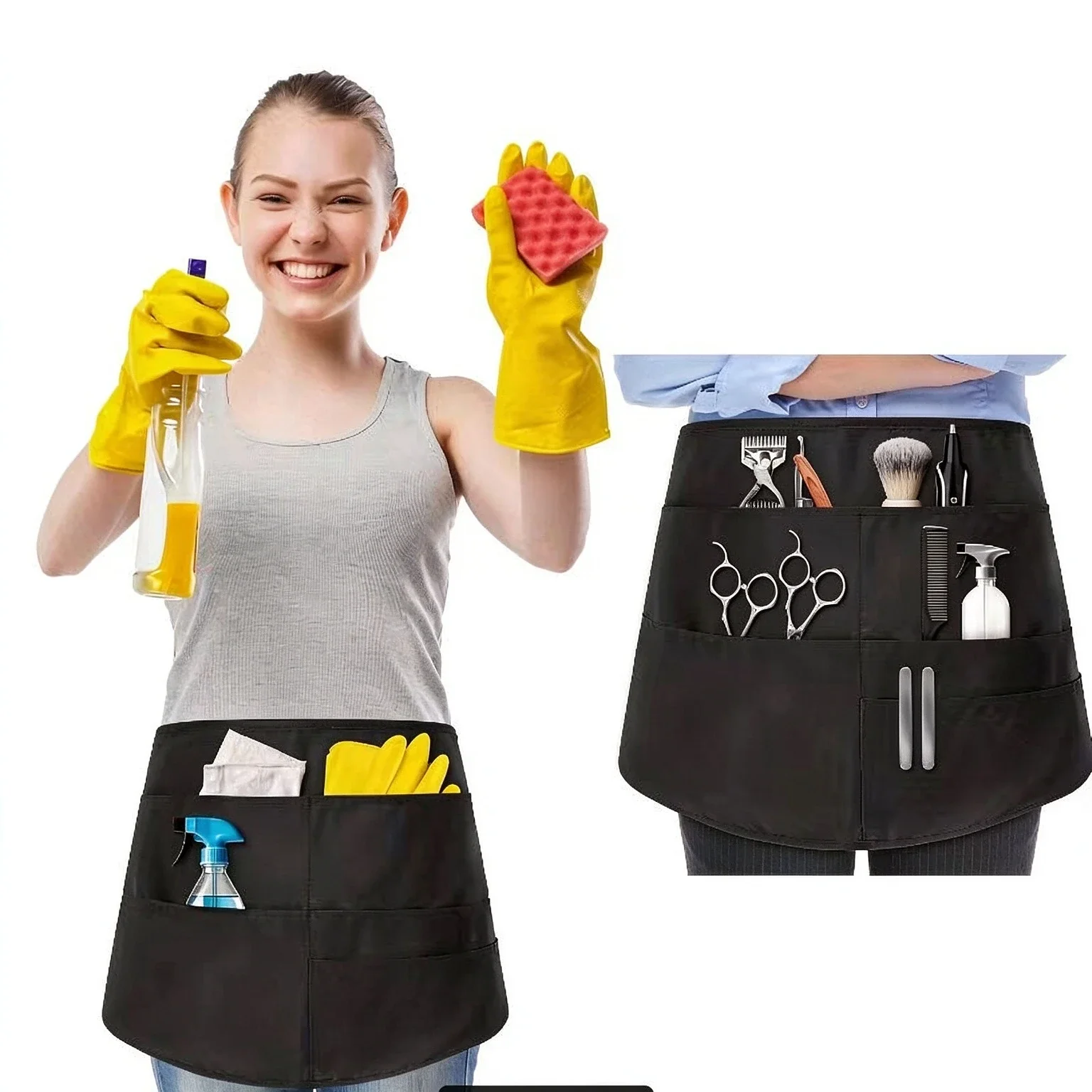 Hair Stylist Half Apron Waterproof Adjustable Waist Apron Deep Pockets Professional Barber Hairdresser Tool Storage Apron Barber