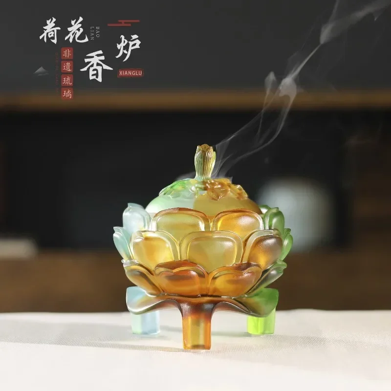 Glazed lotus incense burner ornament three-legged smoked Buddha set Boshan table Zen