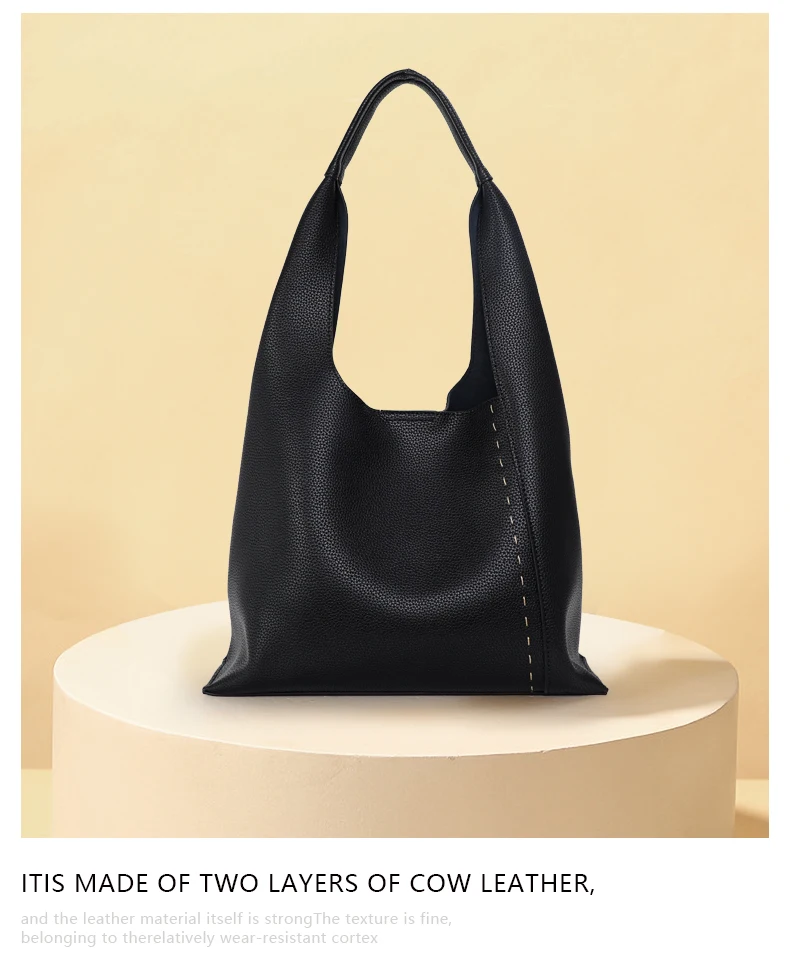Weiche Litchi-Textur Echtleder Damen Hobo-Tasche Große Kapazität Innentasche Schulter-Tragetasche für Einkaufen Büro Täglichen Gebrauch – Detail 2