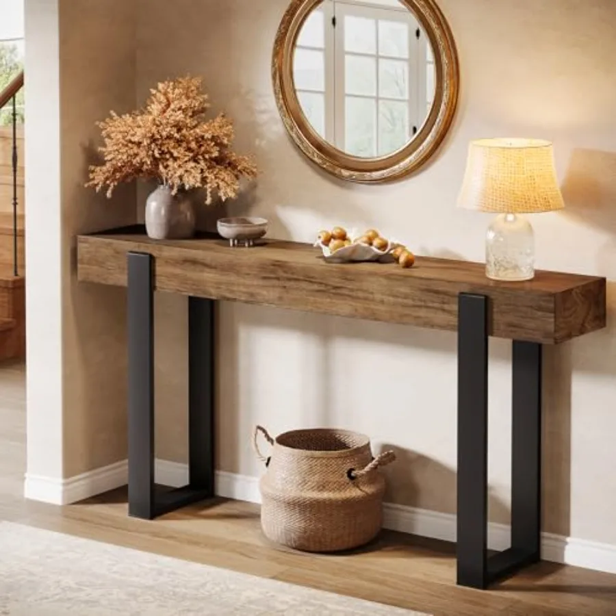 63 Long Console Table for Living Room, Solid Wood Sofa Table Behind the Couch, Natural Finish, Rustic Charm and Sturdy Design