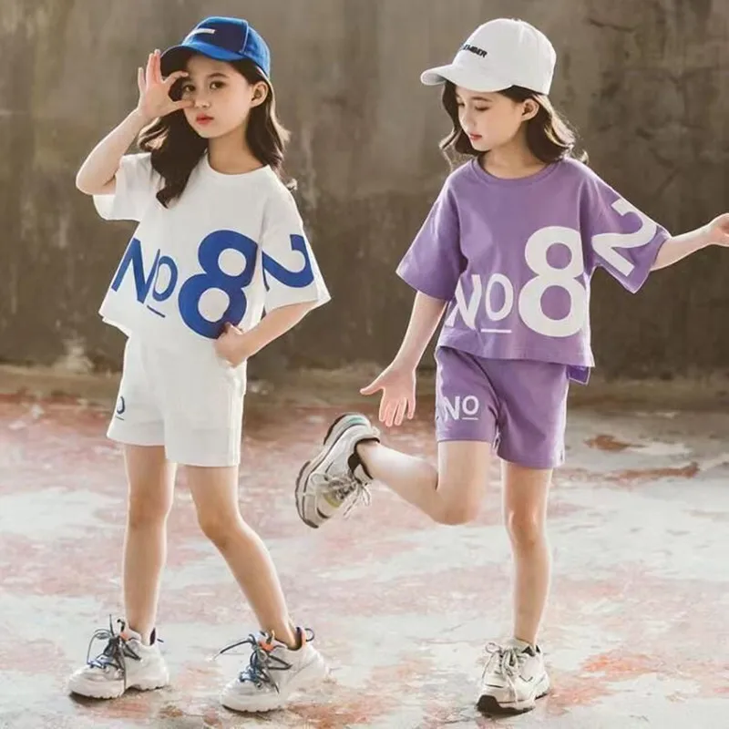 

Children Short Sleeve Top +shorts 2pc Girls Summer Suit Teen Sportswear Girls Clothes Sets Boutique Kids Clothing