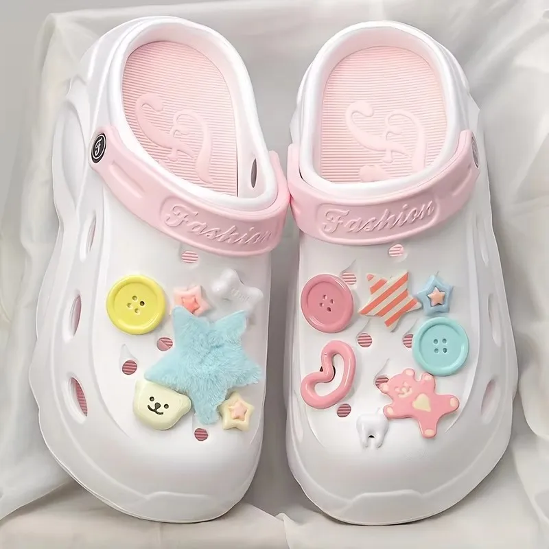 Women’s EVA Platform Clogs with Pink Bear & Star Charms, Non-Slip Height-Boost Slides for Home Leisure
