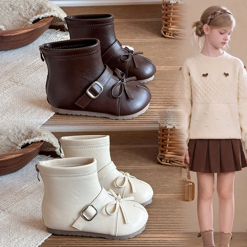 Girl Plush Ankle Boot Bow Princess Shoe Soft Soled Cotton Boot New Fashionable Mary Jane Shoe Girls' Mid Length Boots Child Shoe