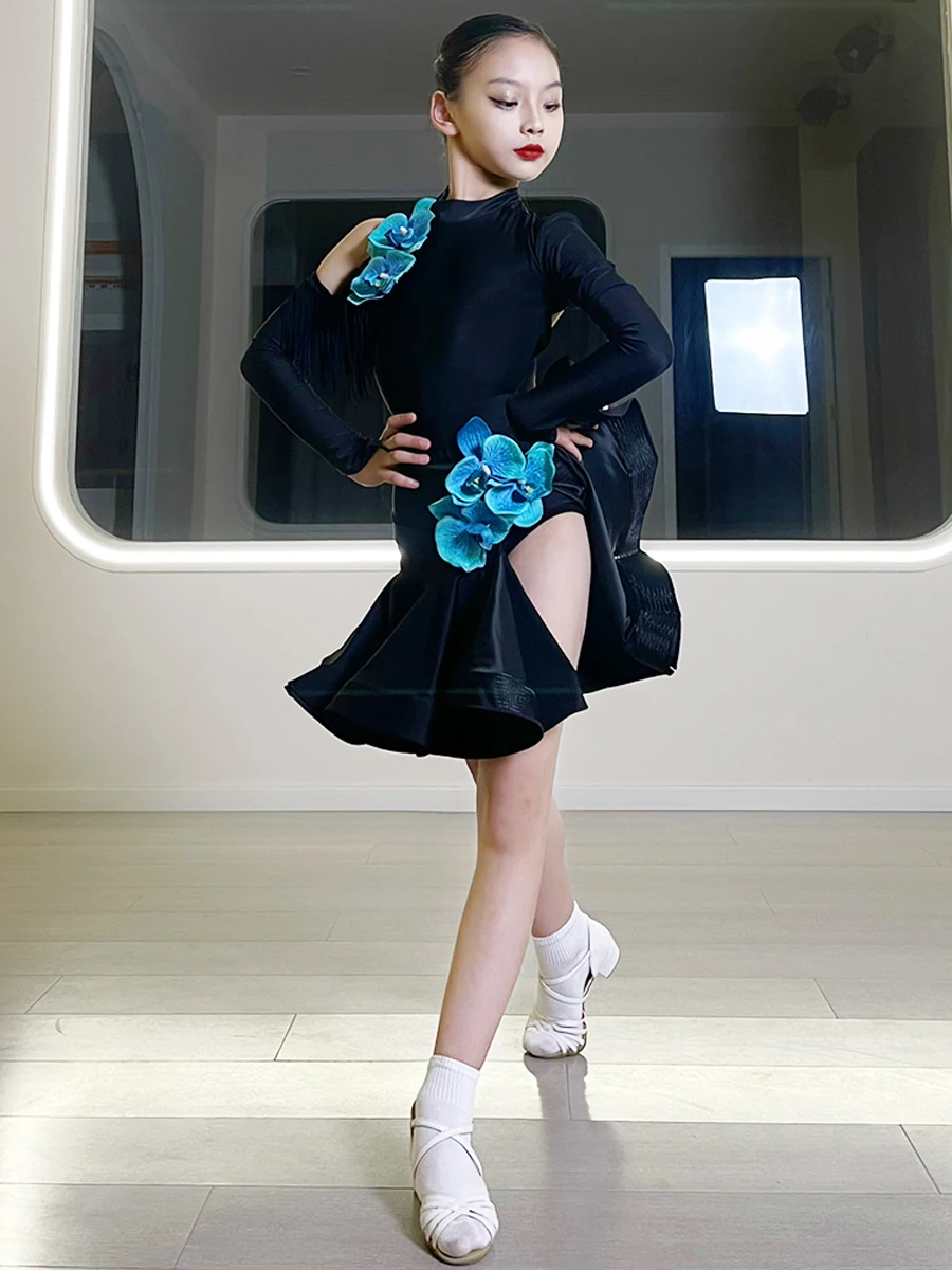 New Girls Latin Dance Dress Kids Winter Latin Ballroom Dance Clothes Blue Flower Black Long Sleeves Competition Dress