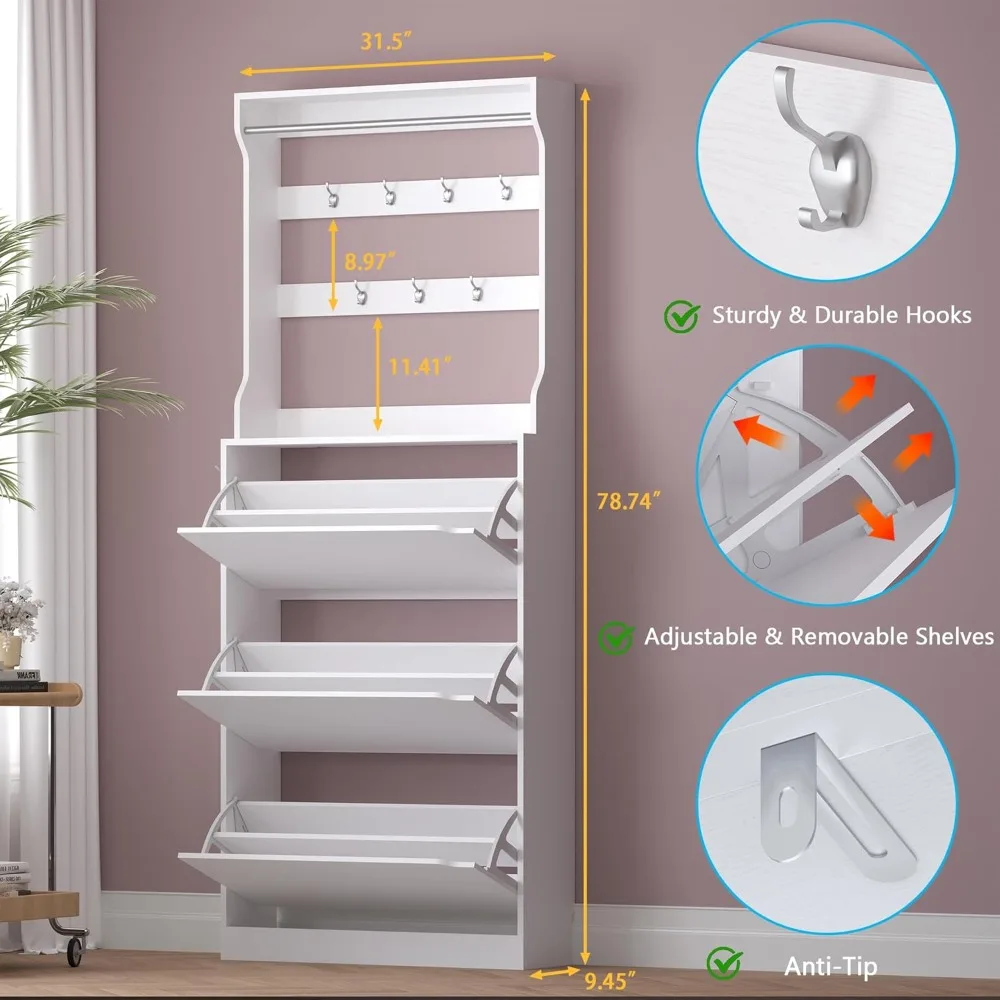 Shoe cabinet with 3 flip drawers and hangers, narrow hidden shoe cabinet, 2 in 1 hall tree slender freestanding shoe rack