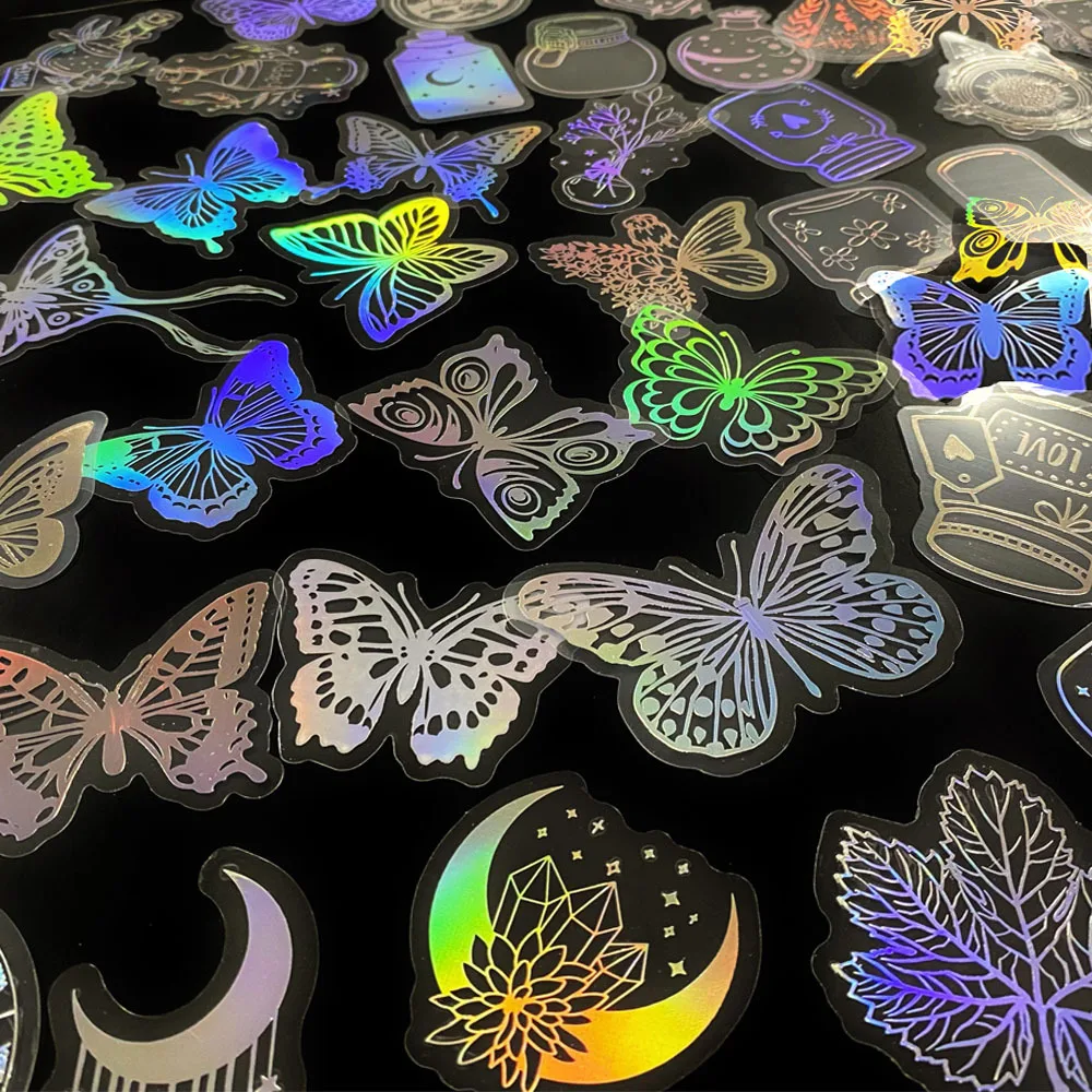 Pegatinas holográficas de dibujos animados de mariposa láser, calcomanías transparentes para equipaje, monopatín, bricolaje, 10/30/50 piezas