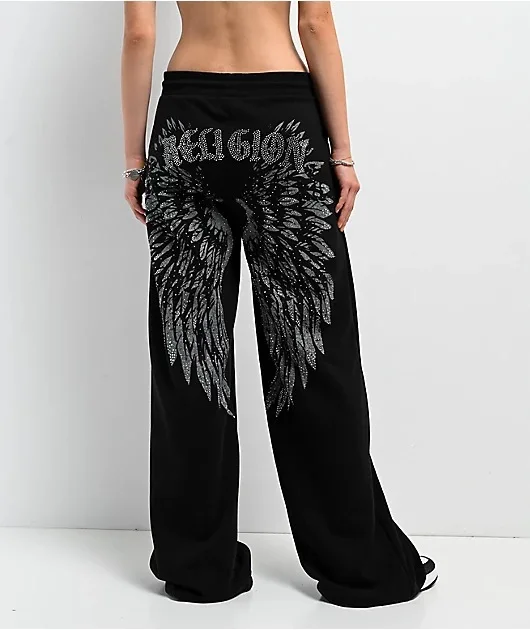Casual Shiny Sequined Angel Wings Printed Sweatpants Y2k Women Solid Loose Long Floor-length Pants 2026 Street Lady Daily Outfit