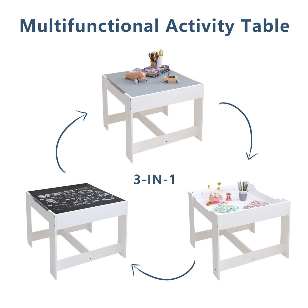 Orraves Kids Table and Chair Set, 3 in 1 Wooden Activity Table with Storage Drawer for Toddlers Drawing, Reading, Crafts, 2 in 1 Detachable Tabletop Table Set for Nursery, Playroom