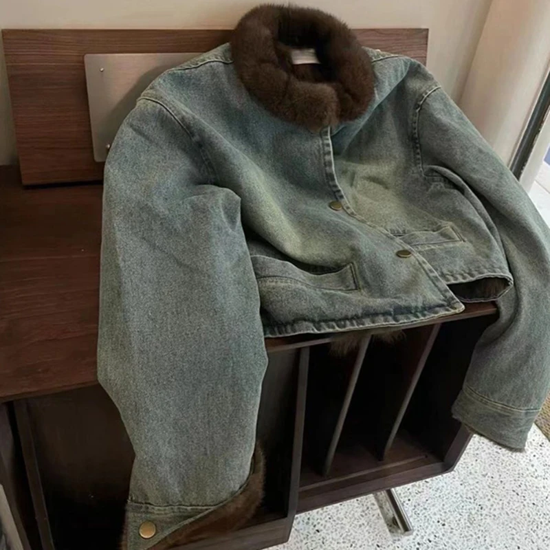 Autumn Winter Women Korean Lambs Wool Jean Jacket Vintage Fur Collar Denim Coat Chic Cotton Outwear