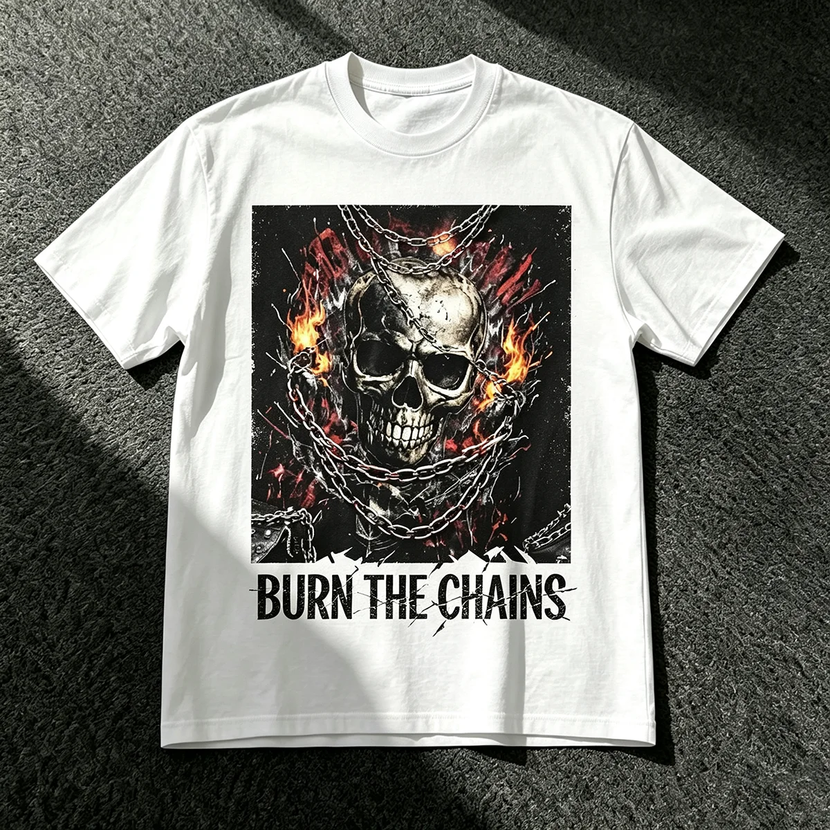 Burn The Chains T‑Shirt Heavy Metal Skull With Fire Chains Graphic Grunge Rock Punk Metal Streetwear Unisex Cotton Short Sleeve Tops for Men Women