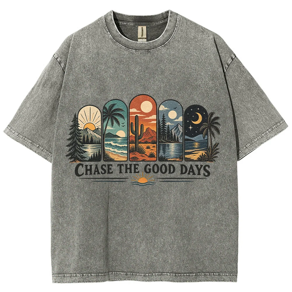 Unisex Chase The Good Days T Shirt Vintage Washed Sunset Graphic Tees Western Country Oversized Short Sleeve Tops Streetwear