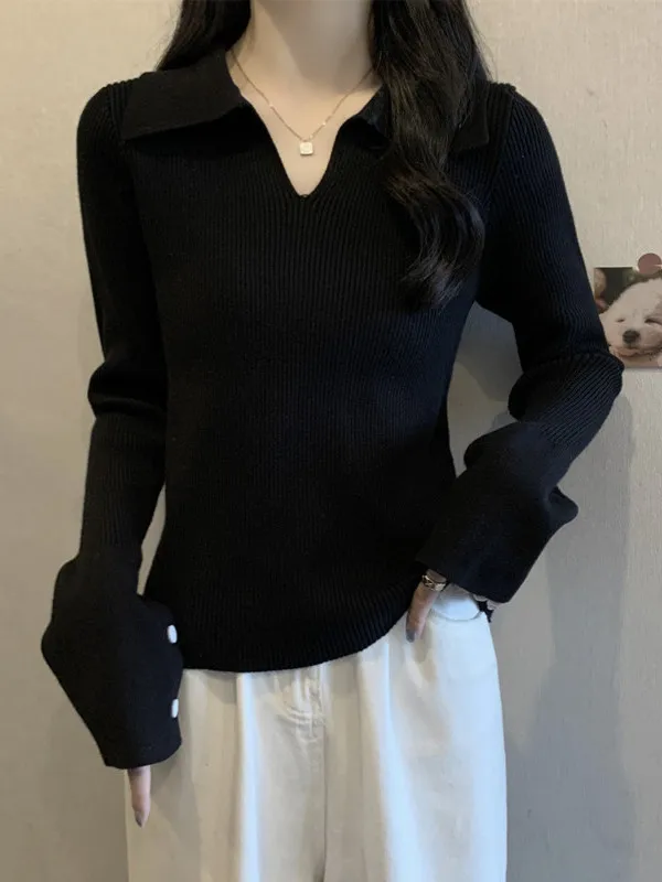 

Женская трикотажная кофта больших размеров с V-образным вырезом и рукавами-колокол, утягивающая базовая рубашка, внутренняя одежда, топ с отложным воротником в корейском стиле, с завышенной талией, полиэстер