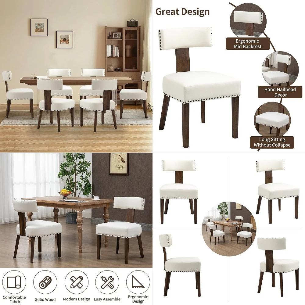 

Upholstered Wooden Farmhouse Dining Chairs Set of 6, MidCentury Modern Fabric Dining Room Chairs with Wood Legs, Curved Backres