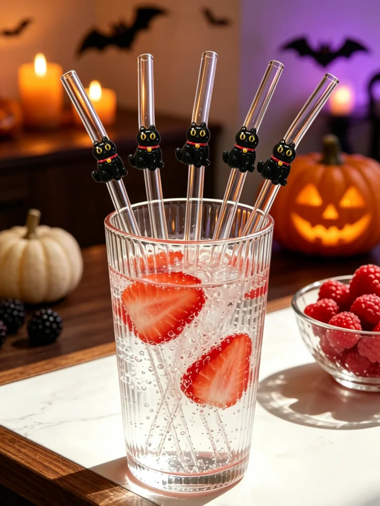 3/5/7PCS Glass Straw  Curved Black Cat Ornament, Party Table Decor, Holiday Presents for Friends & Household
