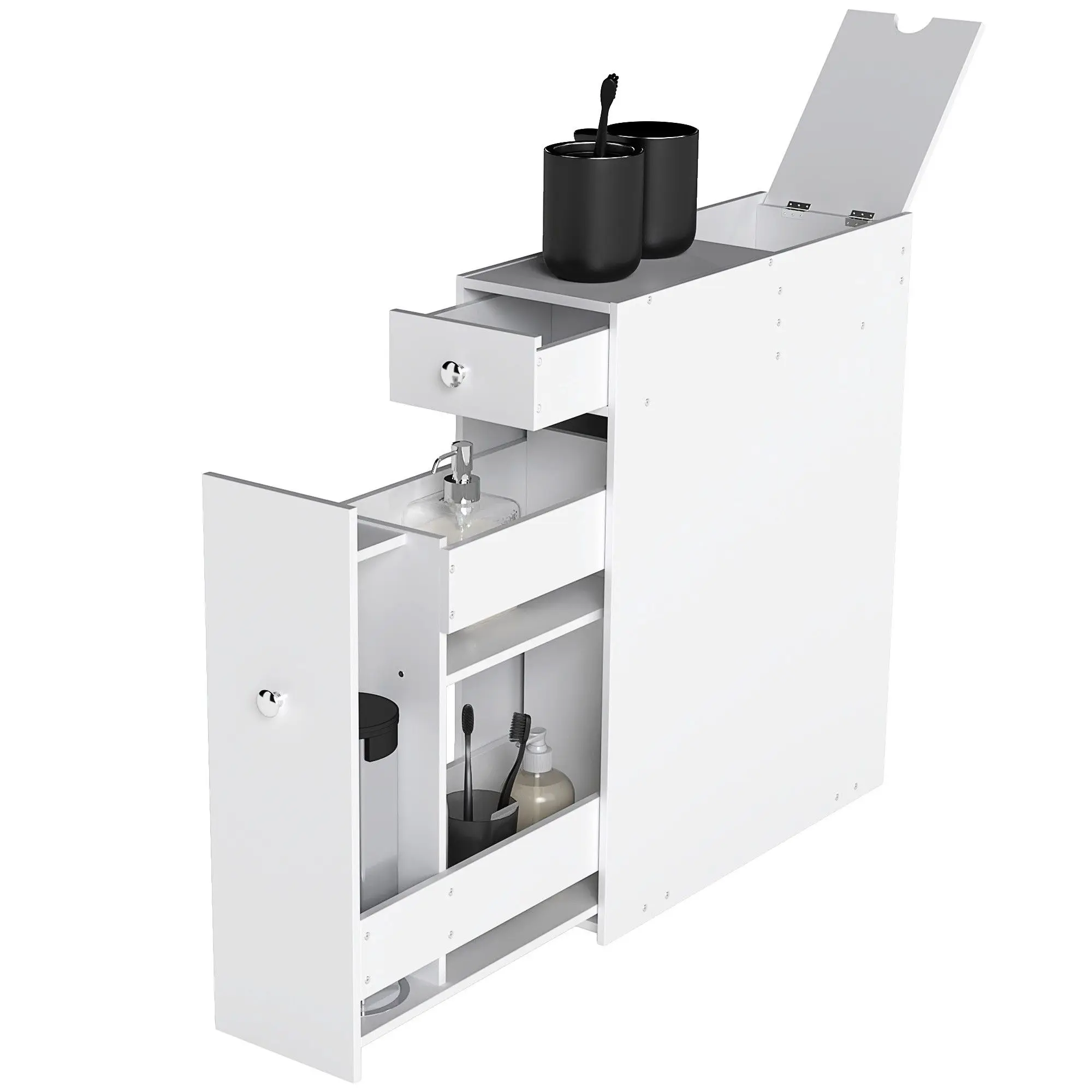 Small Bathroom Storage Cabinet Slim Wooden Toilet Floor Organizer with Drawers White