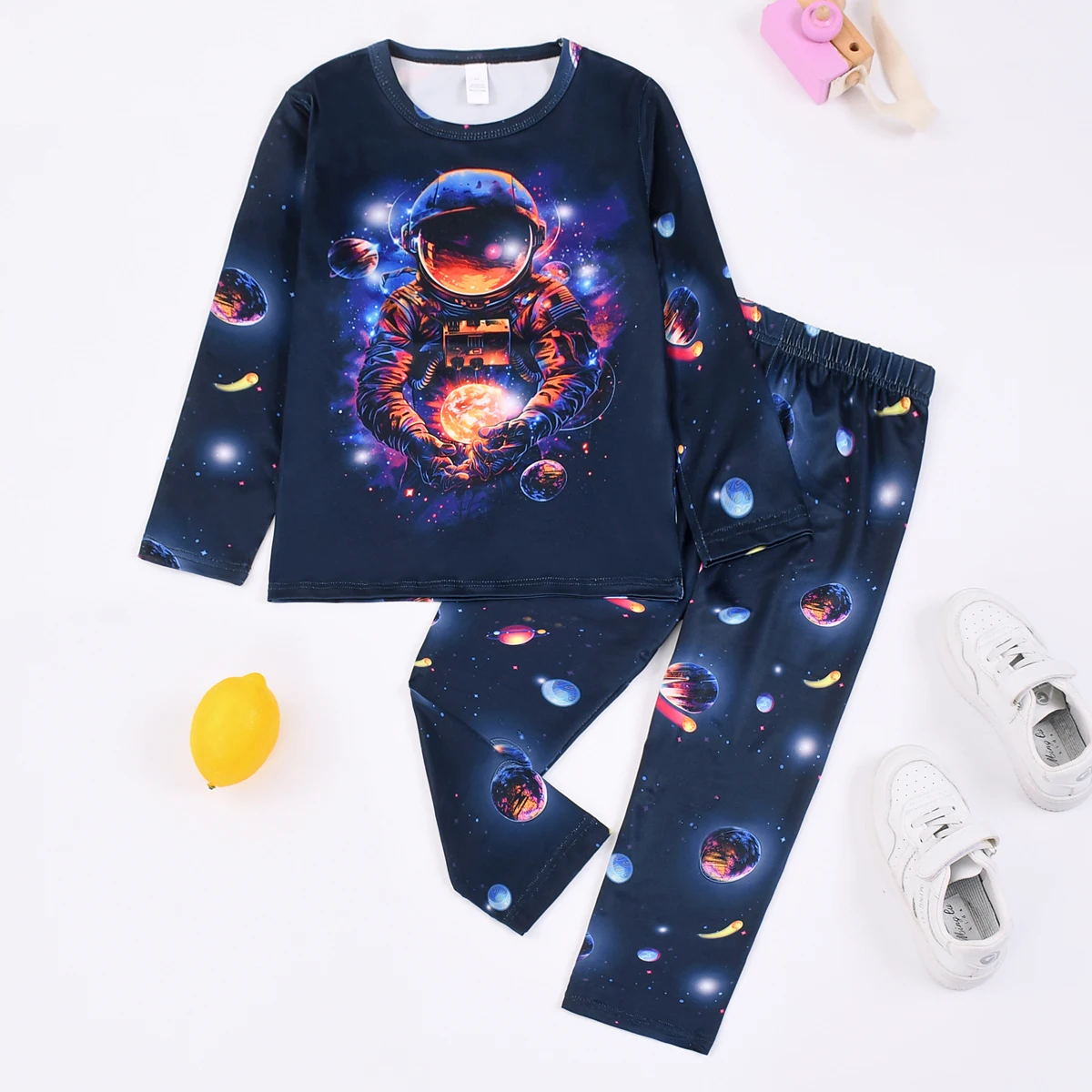 2Pcs Boy\'s Casual Thermal Underwear Set, Dinosaur Digital Print Round Neck Long Sleeve & Trousers, Comfy & Skin-fri